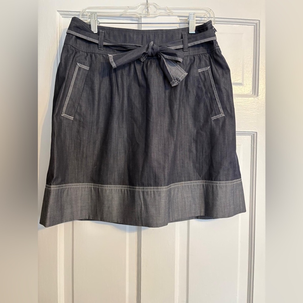 LOFT Dark Denim A-Line Skirt with Tie Waist